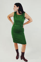 vintage sleeveless knee length green dress in linen like material bright green front