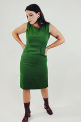 vintage sleeveless knee length green dress in linen like material bright green front