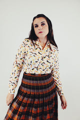 Long sleeve vintage button up blouse pointy collar brown yellow and prink print white base front