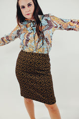 high waist vintage midi skirt in a brown and orange baroque print elastic waistband front