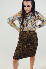 high waist vintage midi skirt in a brown and orange baroque print elastic waistband front
