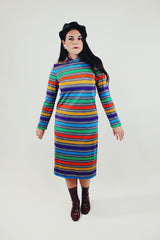 Vintage multi colored striped long sleeve midi dress with mock neck front