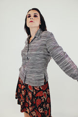 vintage long sleeve button up blouse with point collar brown and white stripes front