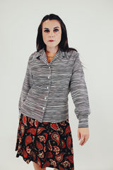 vintage long sleeve button up blouse with point collar brown and white stripes front