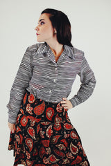 vintage long sleeve button up blouse with point collar brown and white stripes front