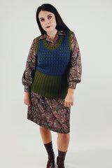 Vintage green and blue knitted long length sweater vest front