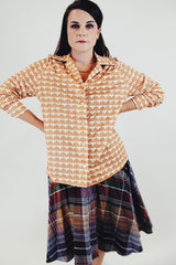 Vintage cream and orange floral printed long sleeve button up blouse front