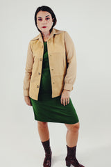 tan colored vintage suede front lightweight jacket with gold snapper buttons front