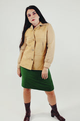 tan colored vintage suede front lightweight jacket with gold snapper buttons front