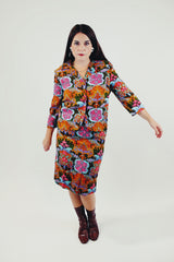 vintage multi colored baroque printed set with cropped jacket and high waisted midi skirt front