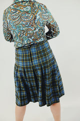 vintage high waist wool plaid skirt in light blue yellow and green stripes back