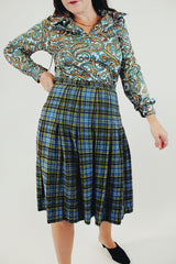vintage high waist wool plaid skirt in light blue yellow and green stripes front