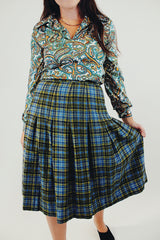 vintage high waist wool plaid skirt in light blue yellow and green stripes front