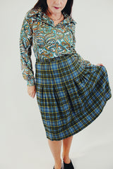 vintage high waist wool plaid skirt in light blue yellow and green stripes front