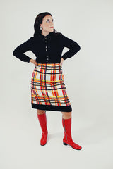 long sleeve midi length vintage dress twofer black with orange yellow and red plaid print bottom button up with collar front