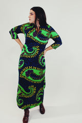 3/4 length sleeve green blue purple and yellow big paisley print long dress with mandarin collar front