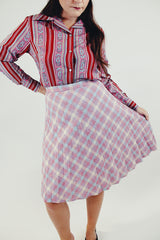 vintage high waist wool skirt with light pink, blue and white plaid print front
