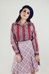 vintage long sleeve button up blouse with red and pink stripes front