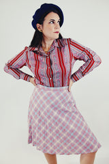 vintage long sleeve button up blouse with red and pink stripes front