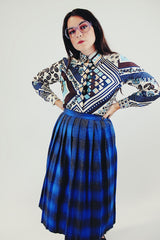 vintage long sleeve button up blouse with pointy collar brown blue and cream print front