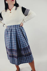 vintage high waist wool skirt grey with maroon and navy stripes throughout front