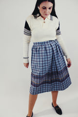 vintage high waist wool skirt grey with maroon and navy stripes throughout front