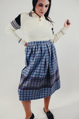 vintage high waist wool skirt grey with maroon and navy stripes throughout front