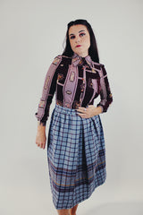 long sleeve printed button up blouse with pointy collar maroon front