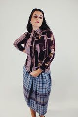 long sleeve printed button up blouse with pointy collar maroon front