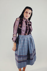 long sleeve printed button up blouse with pointy collar maroon front