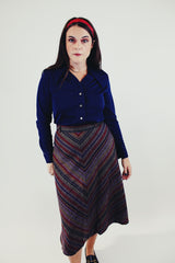 Vintage long sleeve navy button up blouse with pointy collar front