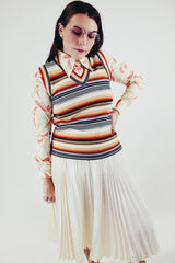 vintage sleeveless striped women's sweater vest with v-neck multi colored stripes front