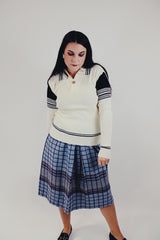 vintage cream long sleeve pullover sweater with collar and one button closure navy and maroon stripes front