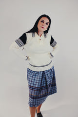 vintage cream long sleeve pullover sweater with collar and one button closure navy and maroon stripes front