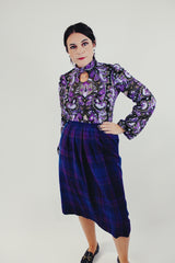 vintage long sleeve purple paisley printed blouse with mock neck and chest key hole front