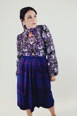 vintage long sleeve purple paisley printed blouse with mock neck and chest key hole front