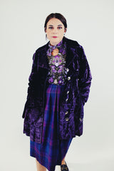 1960's vintage crushed velvet pea coat with silver buttons and tie waist front