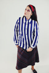 vintage blue and white zig zag print long sleeve button up blouse with pointy collar front
