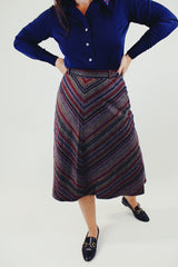 vintage high waist wool skirt with stripes grey maroon and navy front