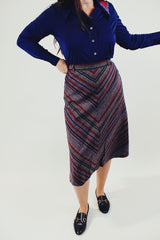 vintage high waist wool skirt with stripes grey maroon and navy front