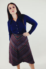 Vintage long sleeve navy button up blouse with pointy collar front