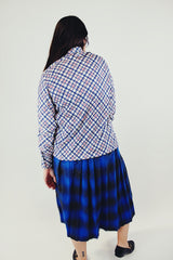 vintage white long sleeve button up blouse with blue and red checkered stripes back