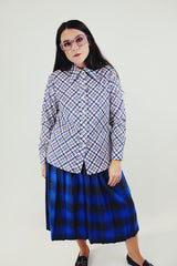 vintage white long sleeve button up blouse with blue and red checkered stripes front