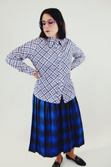 vintage white long sleeve button up blouse with blue and red checkered stripes front