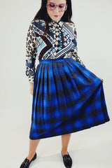vintage long blue and grey plaid printed wool skirt hight waisted front