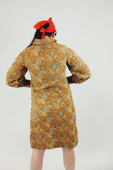 Long Sleeve vintage mustard yellow printed shirt dress wooden buttons back