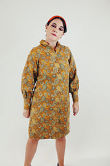 Long Sleeve vintage mustard yellow printed shirt dress wooden buttons back