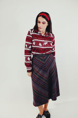 vintage long sleeve button up blouse maroon with white striped print collar front