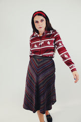 vintage long sleeve button up blouse maroon with white striped print collar front