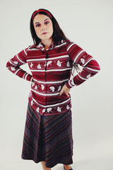 vintage long sleeve button up blouse maroon with white striped print collar front
